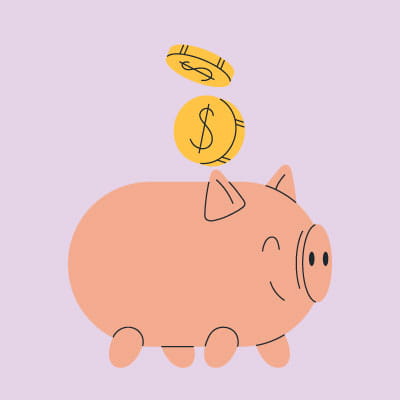ブタの貯金箱にドルコインが入っていくイラスト。節約やお得な料金を表現