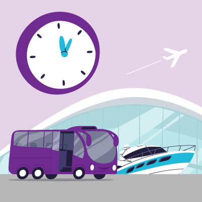 時計、飛行機、バス、高速船のイラスト。スムーズな乗り継ぎを表現